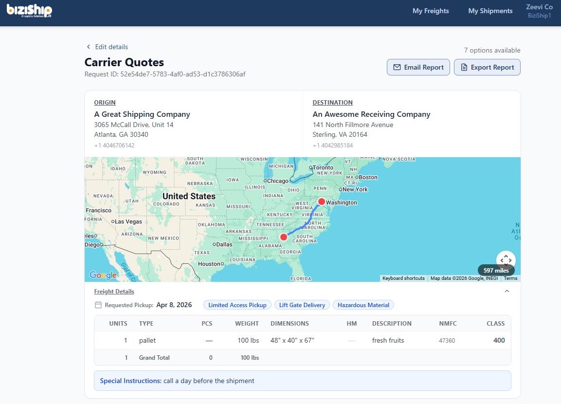 biziShip.ai — Carrier Quotes with route map